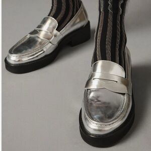 Anthropologie Bibi Lou Silver Loafers Size EU 37